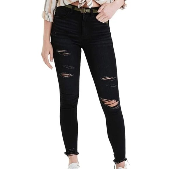 AE | Super High-Waisted Jegging Crop in Distressed Black Blaze - Picture 14 of 15